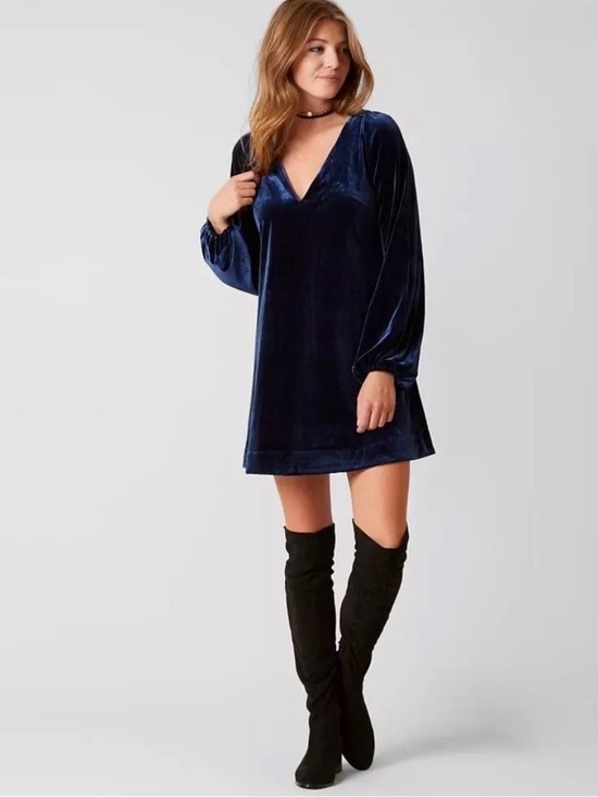 Free People Dresses & Skirts - Free People Blue Velvet V-neck Long Balloon Sleeve Shift A-line Mini Dress Small